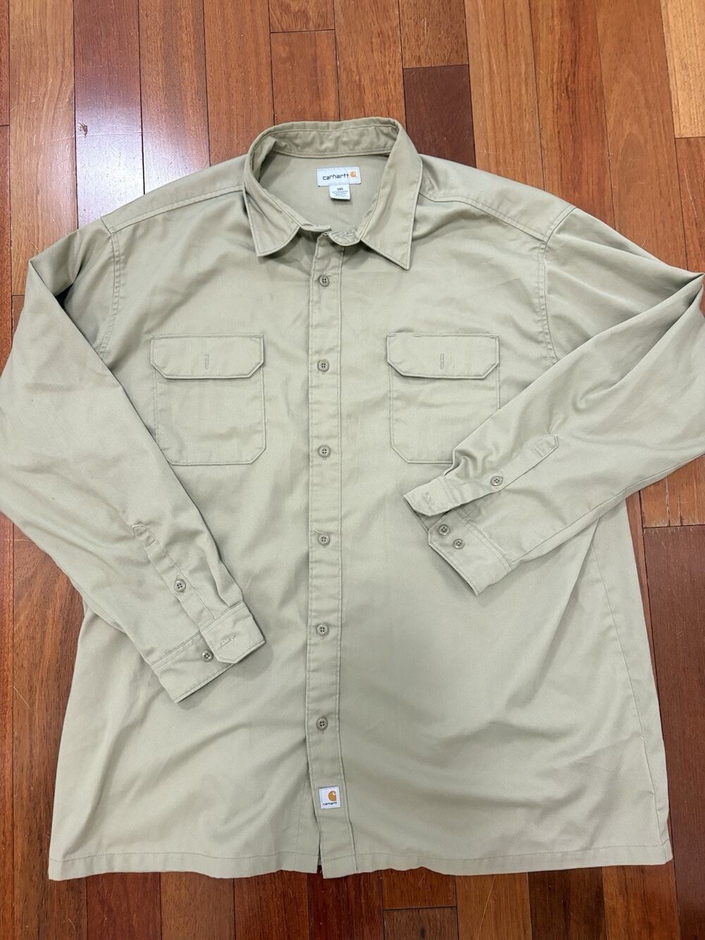 Carhartt 3xl beige long sleeve work button down utility shirt with minor stain